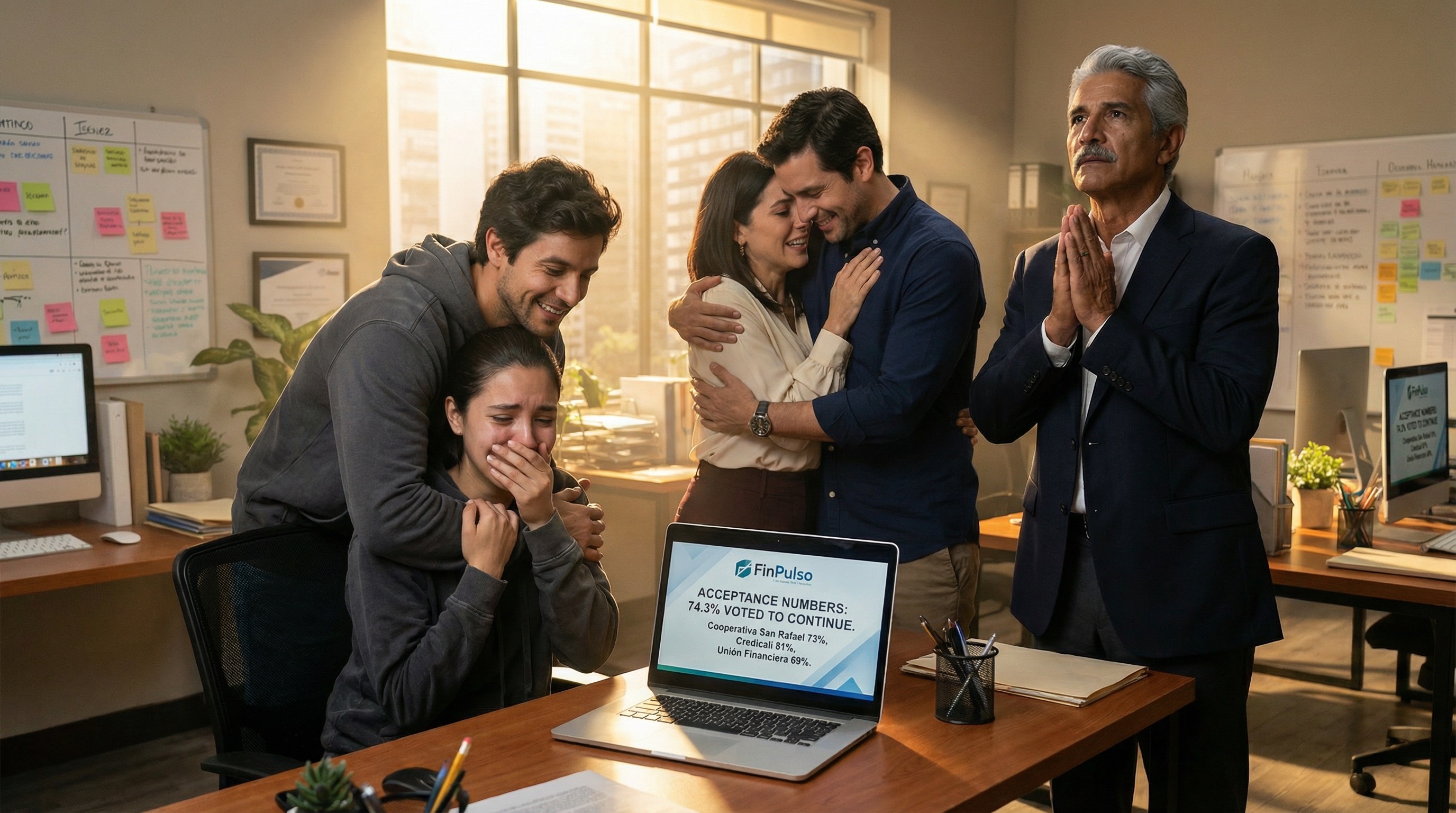 Los números de adopción en la pantalla de Camila. 74.3% eligió continuar. El equipo mira con incredulidad — construyeron algo que la gente realmente quería. Después de todas las mentiras y fracasos y reconstrucción, tuvieron éxito.