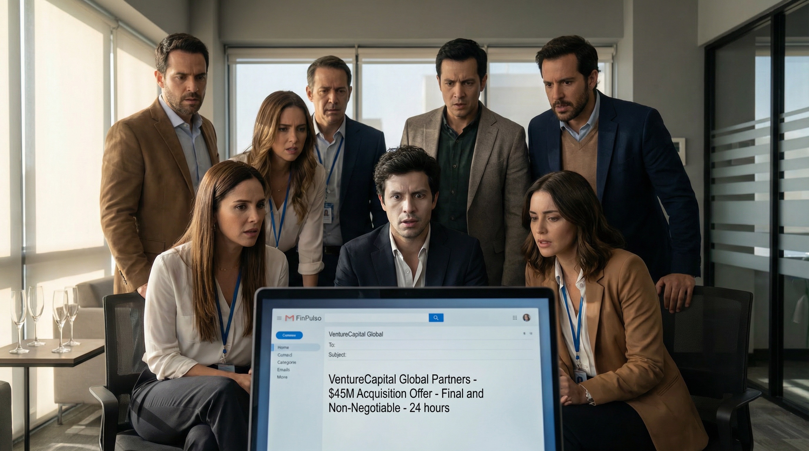 La oferta de adquisición en pantalla. $45 millones. 24 horas. El nuevo empleador de Alejo. La celebración se ha convertido en tensión. El éxito los ha hecho un objetivo.