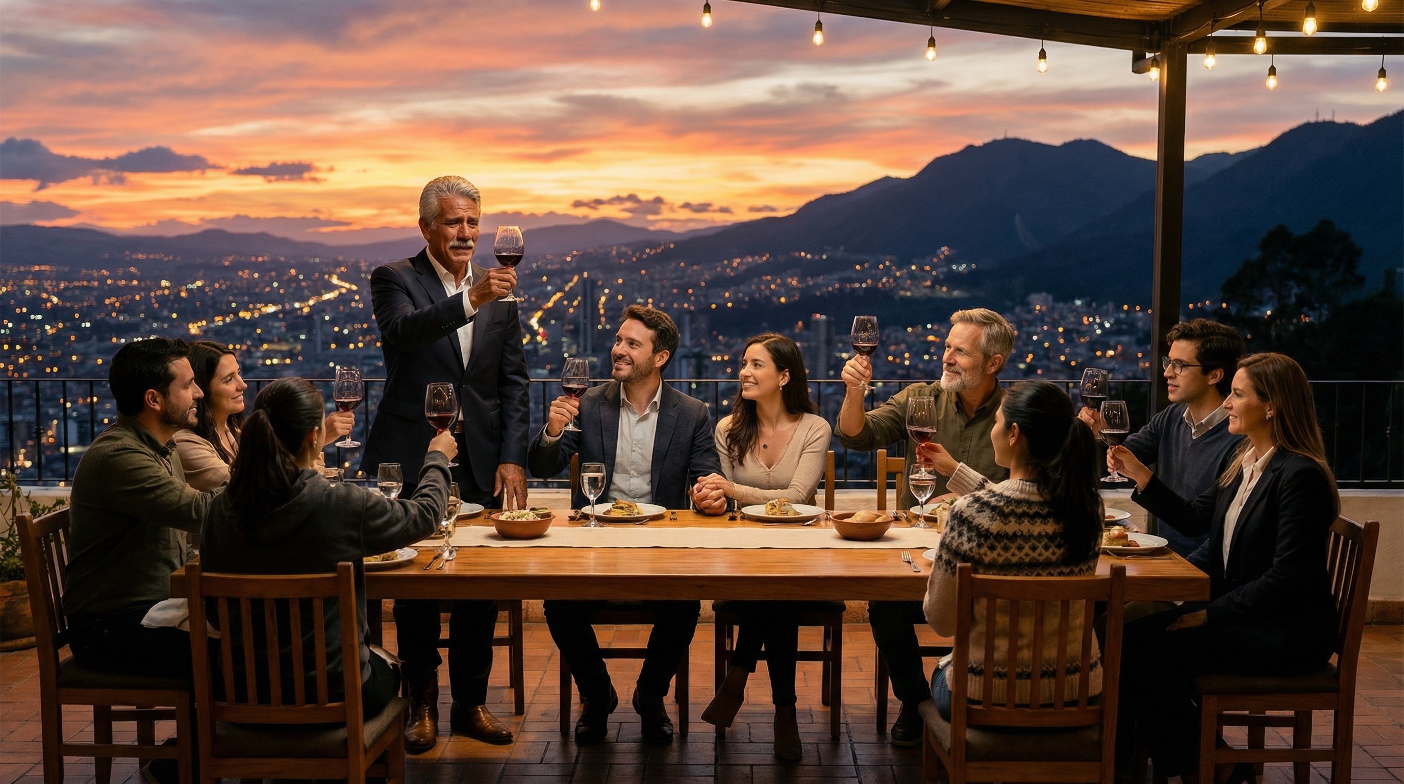 El equipo en Monserrate al atardecer, Bogotá brillando debajo de ellos. Han sobrevivido a la crisis. Construido algo real. Aprendido a confiar entre sí. Algunos no estarán aquí mañana, pero esta noche, celebran juntos.