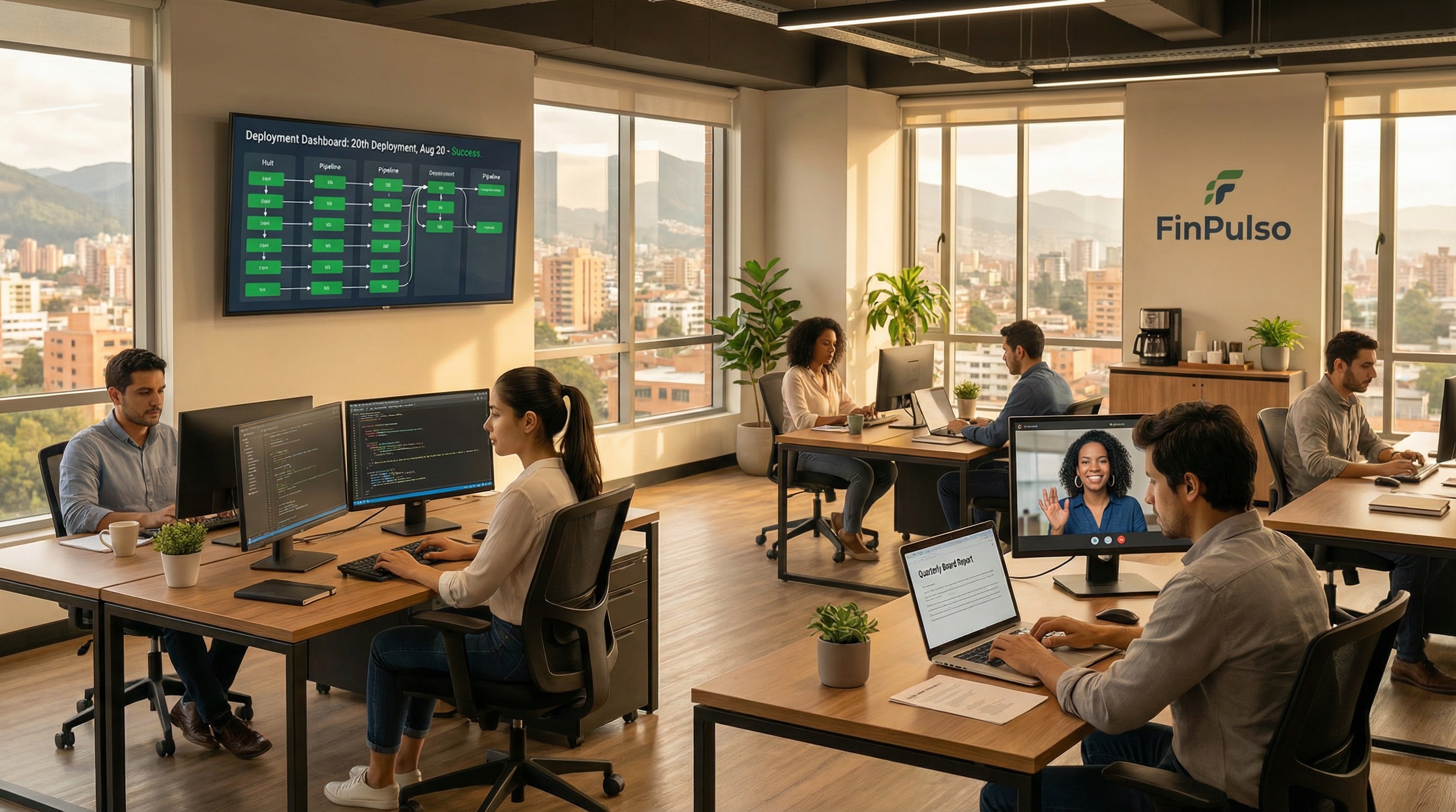 La oficina de FinPulso en la luz de la tarde. El tablero de despliegues brilla en verde. El equipo trabaja con la confianza tranquila de personas que saben lo que están haciendo y confían entre sí. Afuera, Bogotá pulsa con vida. Adentro, construyen.