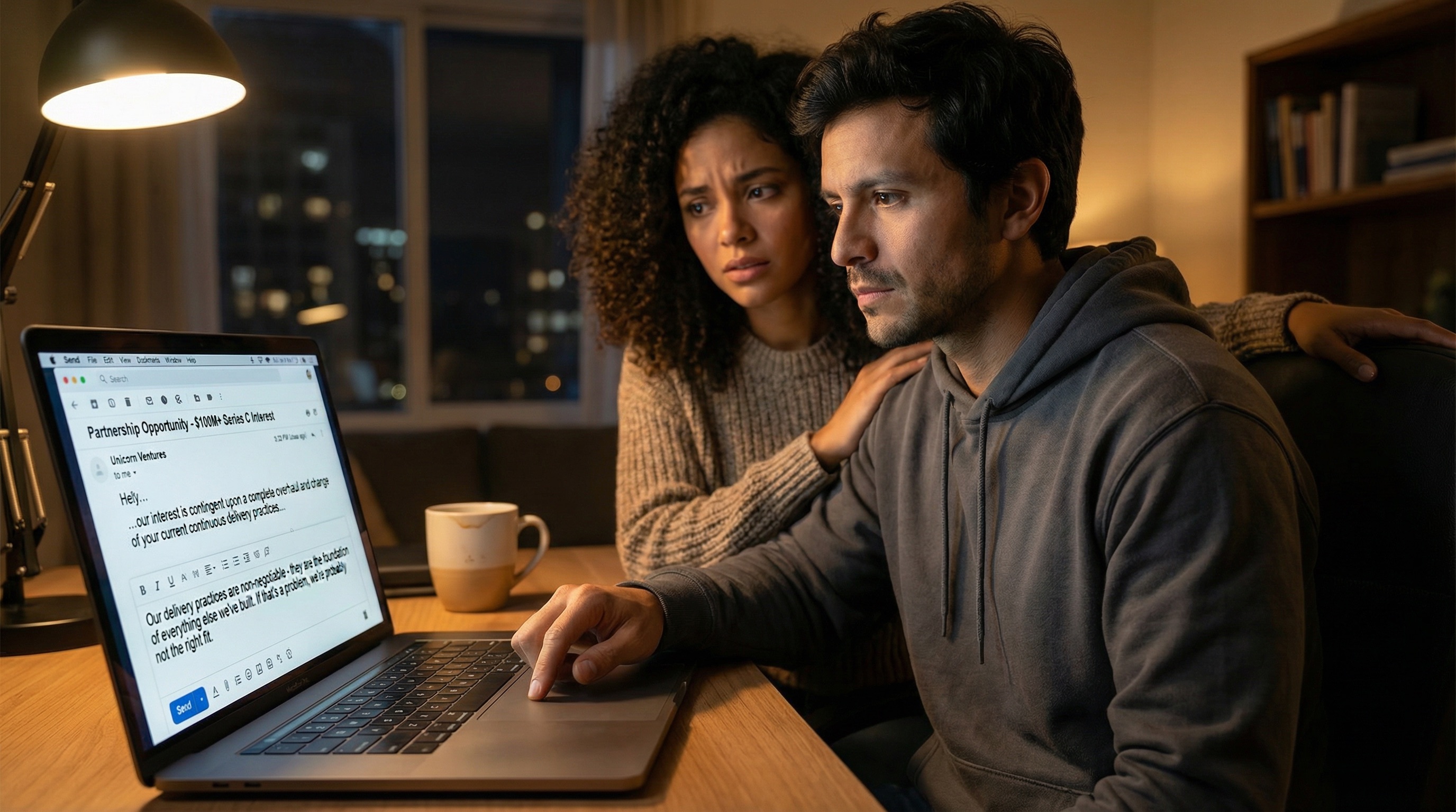 Un año después. La oferta de Serie C. $100 millones. Pero quieren cambios. 'Prácticas de entrega estándar de la industria.' Traducción: abandona todo lo que te hizo exitoso. Elige el dinero o elige los principios. Pero no ambos.