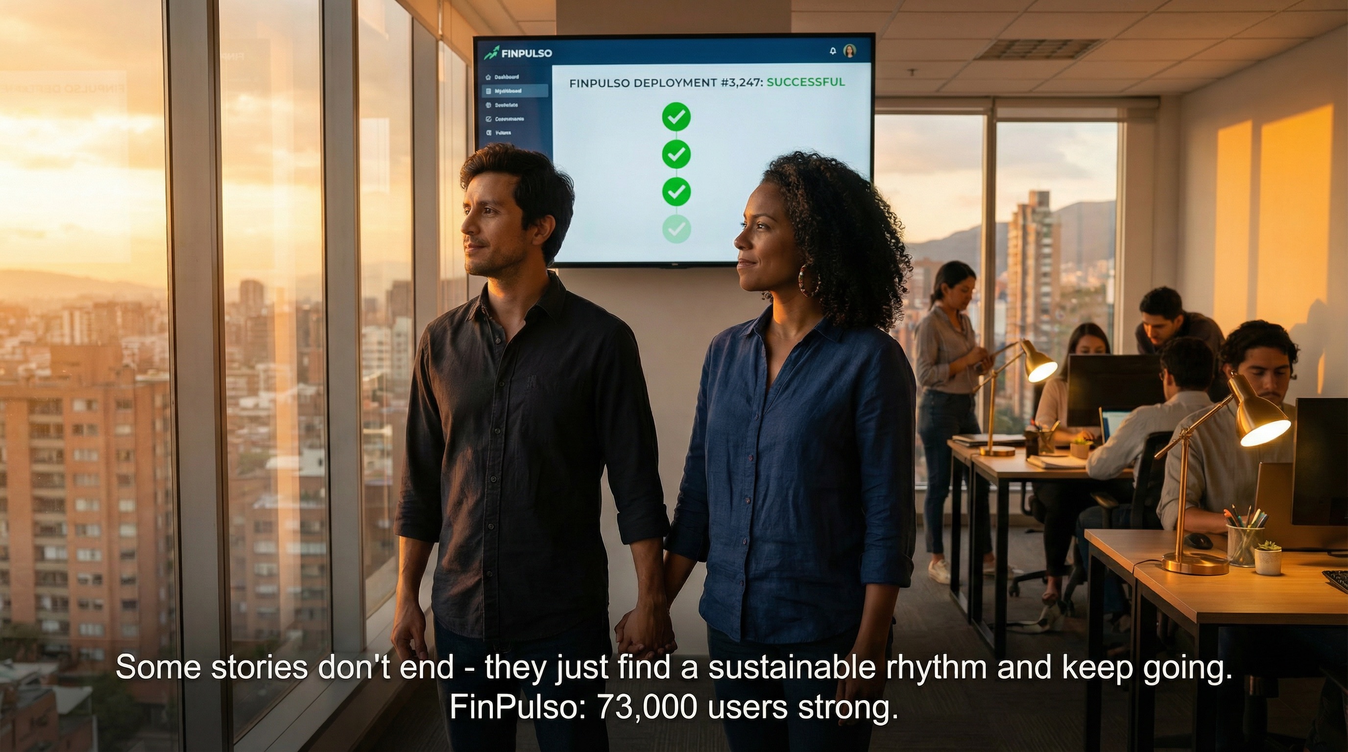 La oficina al atardecer. Despliegue #3,247. Sebastián e Isabella miran las métricas. 73,000 usuarios. No números de unicornio. Pero números reales. Números sostenibles. Encontraron su ritmo. No rápido. No lento. Correcto.