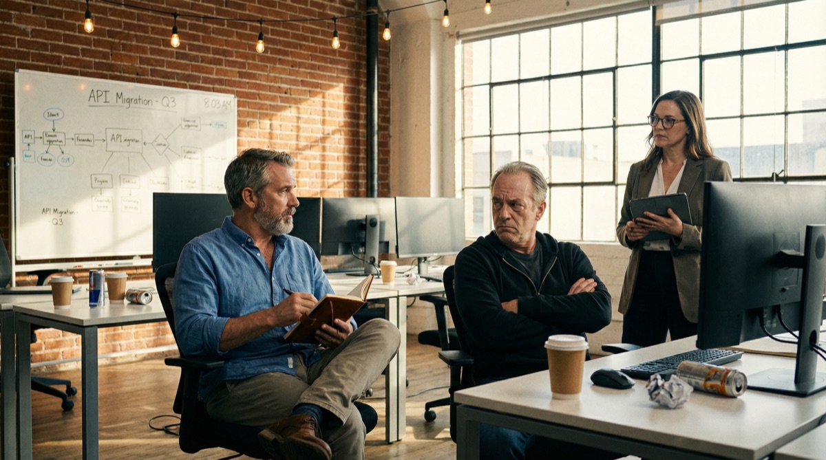 Stefan sits beside Pipe's desk in the open development area, leather notebook open. Pipe looks skeptical, coffee cup in hand, monitors glowing behind them.