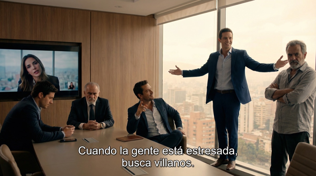 Alejo está de pie junto a la ventana, silueteado contra la mañana bogotana, haciendo su defensa. Su postura es confiada, sus gestos expansivos, mientras reenmarca cada acusación como un malentendido.
