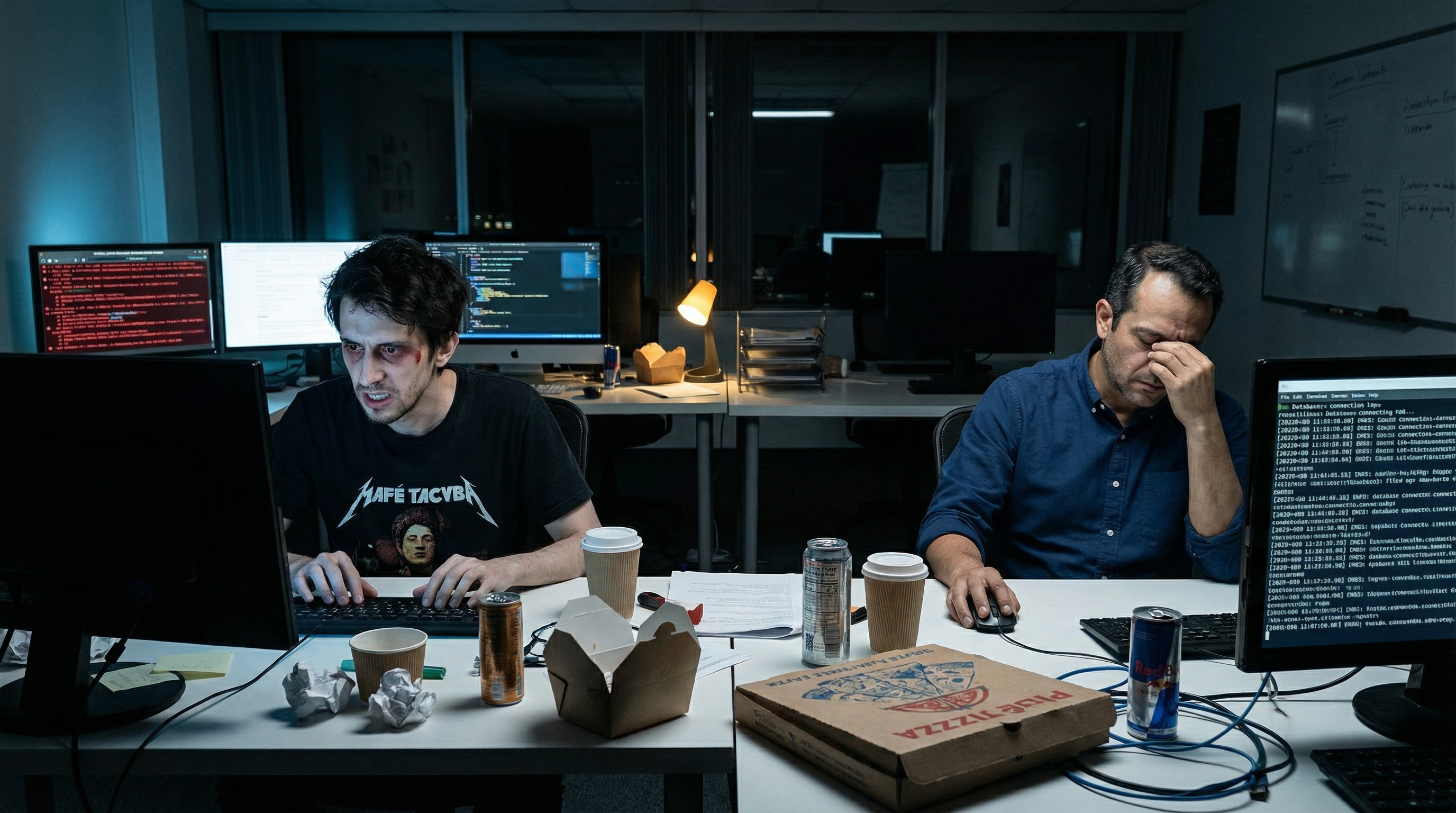 Diego y Pipe a la 1:47 AM, rostros iluminados por el brillo del monitor, depurando una falla crítica de procesamiento de pagos. Los logs de errores se desplazan sin fin a través de múltiples pantallas. El peso de otro arreglo de emergencia pesa en el aire.