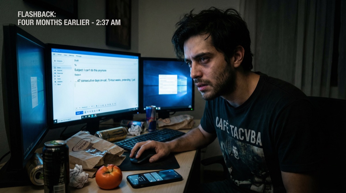 Diego está sentado en su escritorio a las 2 AM, rodeado de los escombros de una sesión de debugging que duró toda la noche. Su rostro está iluminado por múltiples monitores mostrando logs de errores. Un email de renuncia sin enviar brilla en la pantalla.