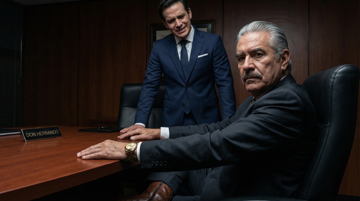 Don Hernando está sentado a la cabecera de la mesa, su rostro curtido mostrando el peso de la traición. Por primera vez, sus ojos revelan no ira sino dolor — por Jorge, por FinPulso, por la confianza mal depositada.