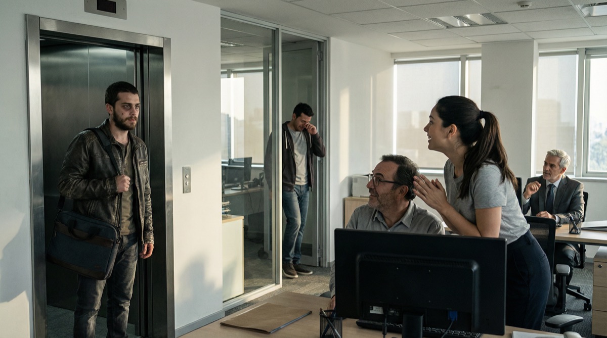 Diego está de pie en la entrada de la oficina de FinPulso, bolsa de laptop sobre el hombro, absorbiendo el espacio que dejó hace tres meses. Camila se ha levantado a medias de su escritorio. Pipe observa con cautela. El momento se sostiene.