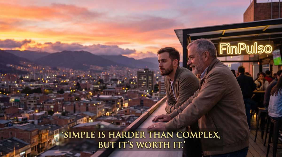 Diego y Stefan están junto a la baranda del techo mientras el sol se pone sobre Bogotá. Las luces de la ciudad comienzan a parpadear. Dos desarrolladores, generaciones aparte, encontrando terreno común.