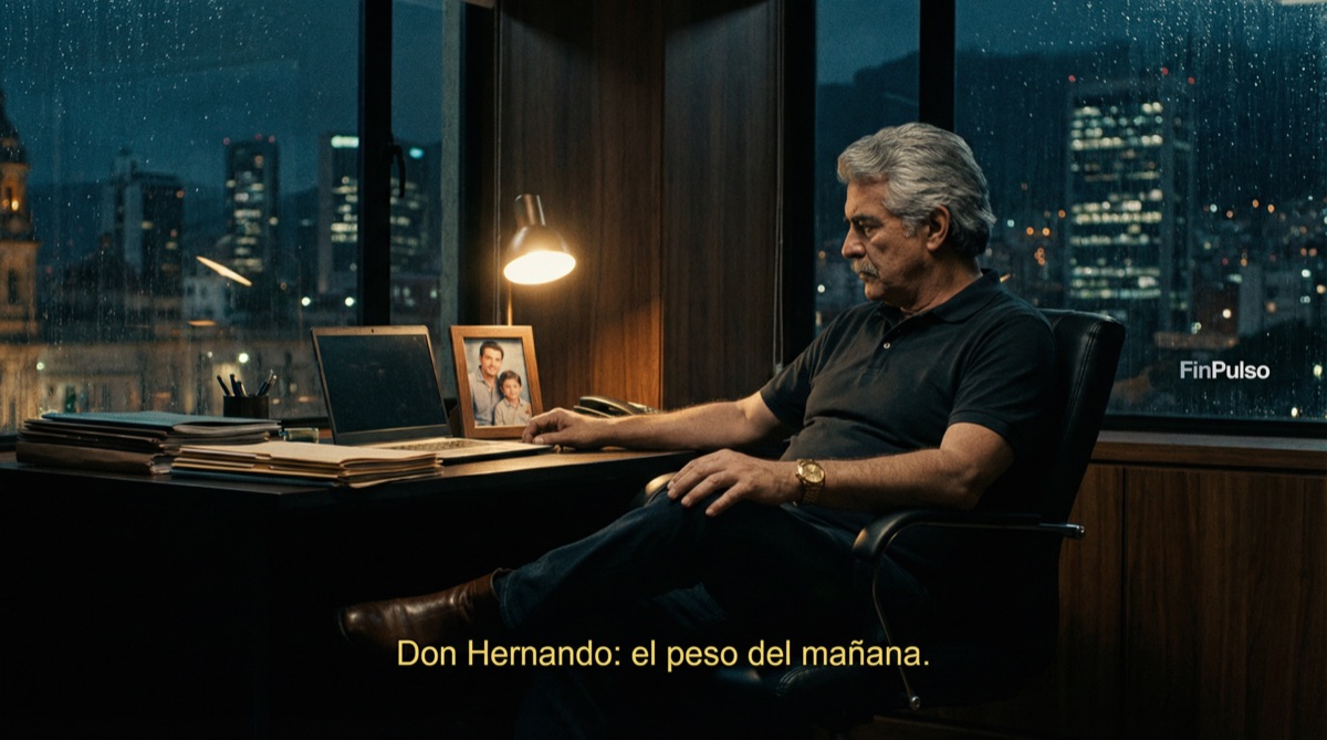 La oficina de FinPulso de noche, casi vacía. Camila trabaja en su escritorio, pantallas brillando. Sebastián está sentado en la entrada de su oficina. El pizarrón detrás de él muestra los primeros esbozos de un nuevo plan.