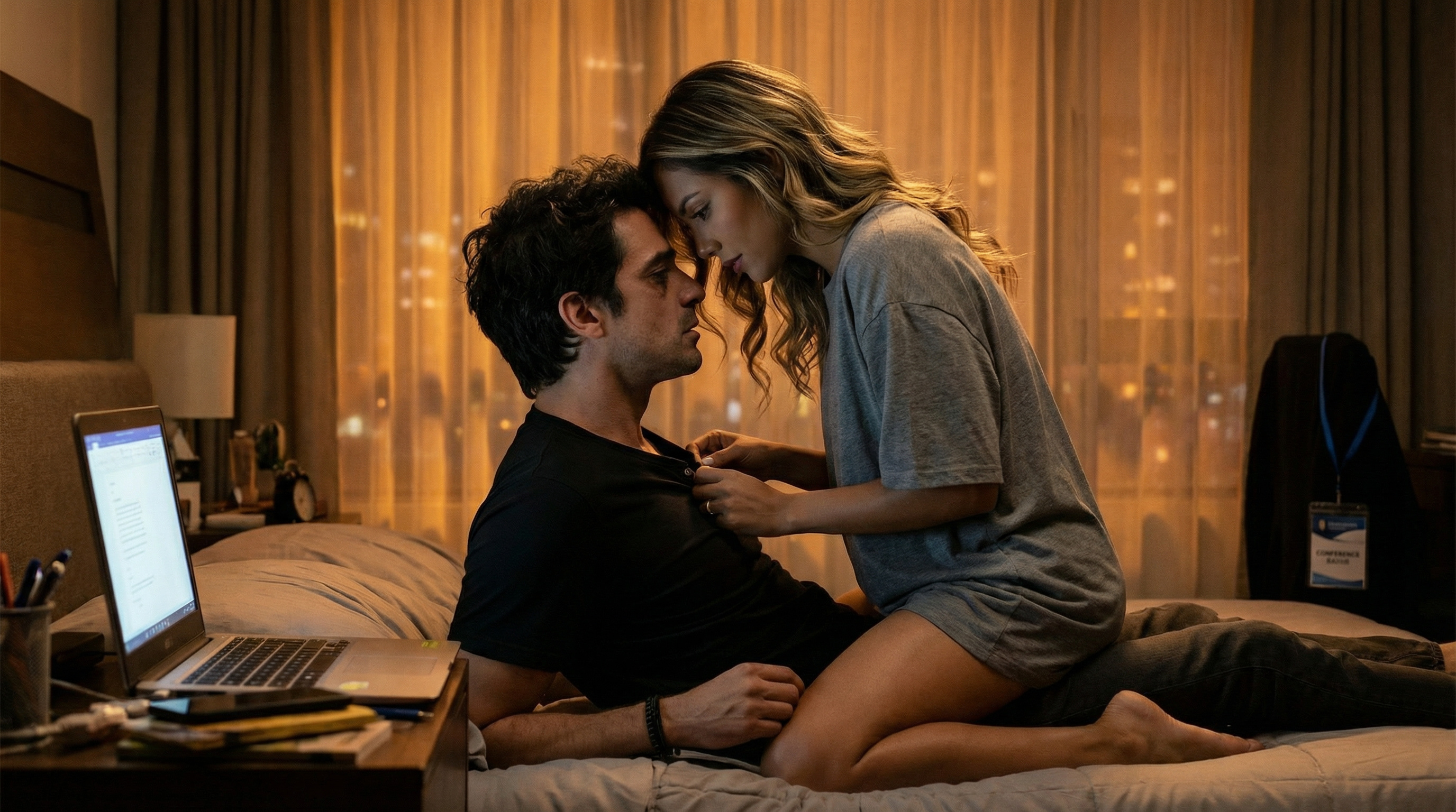 Diego and Luciana together in their apartment at 2 AM. She sits up in bed wearing his old t-shirt, city lights filtering through the window. He's just arrived home from another late night, laptop bag on his shoulder. Their eyes meet with familiar warmth — this is what they still had, before everything broke.