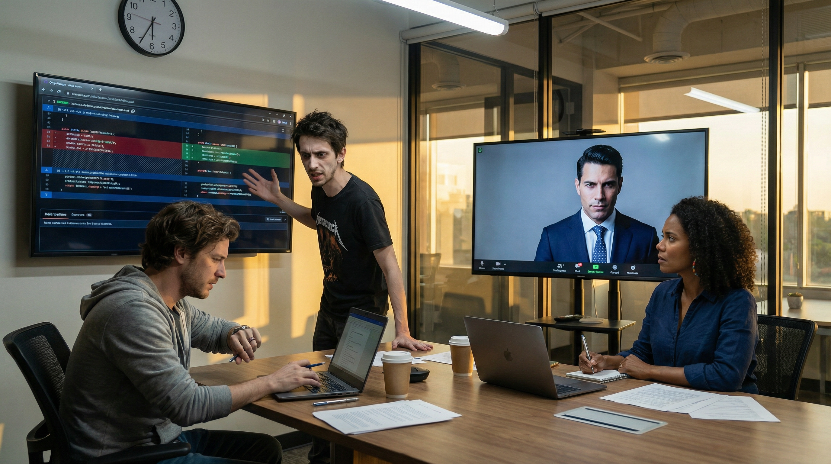A conference room meeting with Diego presenting code on a screen, Sebastián looking stressed, Isabella taking notes, and Alejo on video call. The atmosphere is tense, showing rushed compromises.