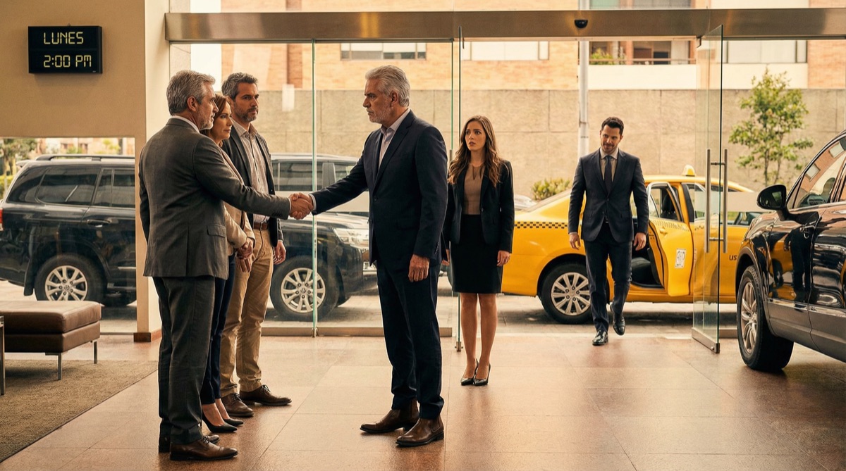 The investors arrive at FinPulso for the decisive board meeting. But behind their SUVs, a taxi disgorges Alejo Vega, returned from exile. Don Hernando's face is stone. The battle lines are drawn.