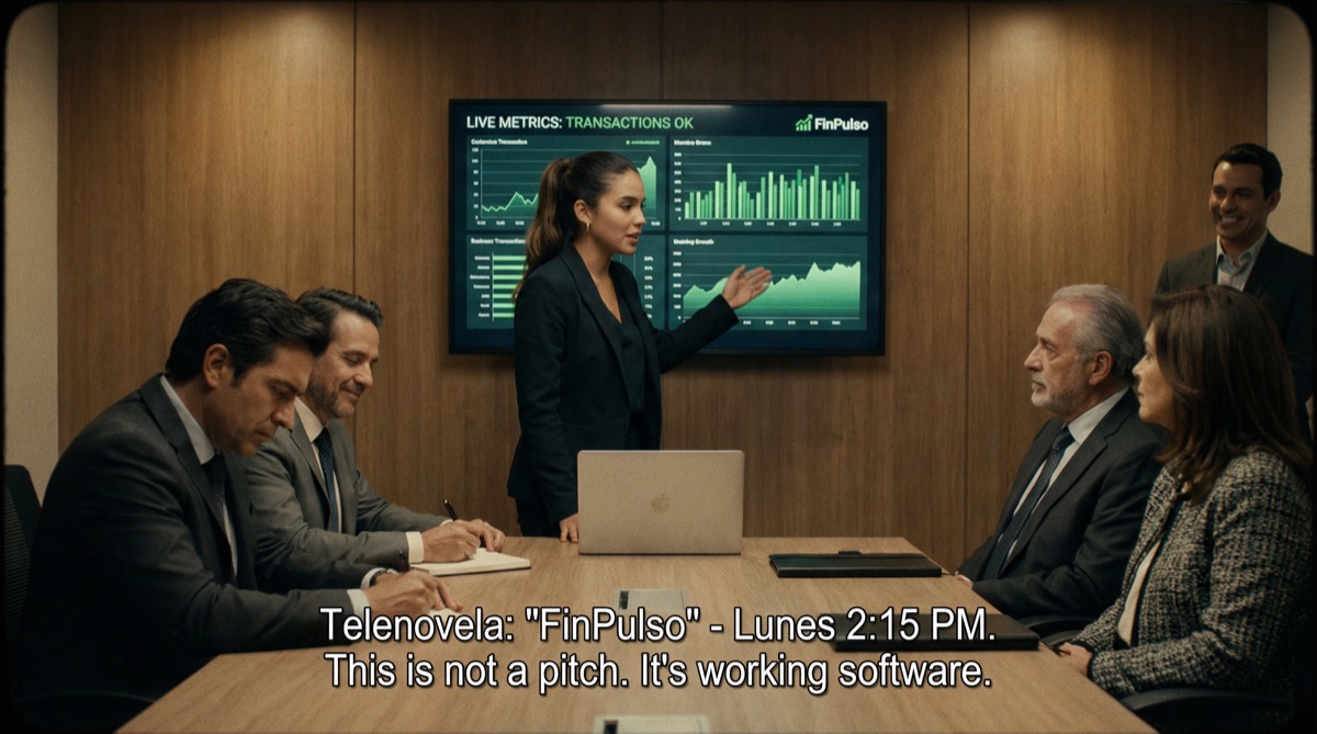 Camila stands before the investors, laptop open, running live demonstrations. The metrics display behind her shows green across every indicator. Victor leans forward, his skepticism transforming into attention. This is not like the last demo.