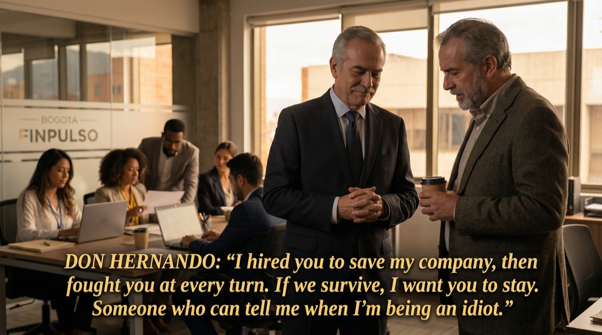 Don Hernando and Stefan stand in the development area, speaking quietly while the team works behind them. Two very different men, finding mutual respect. Something has changed — not just in the company, but in its patriarch.