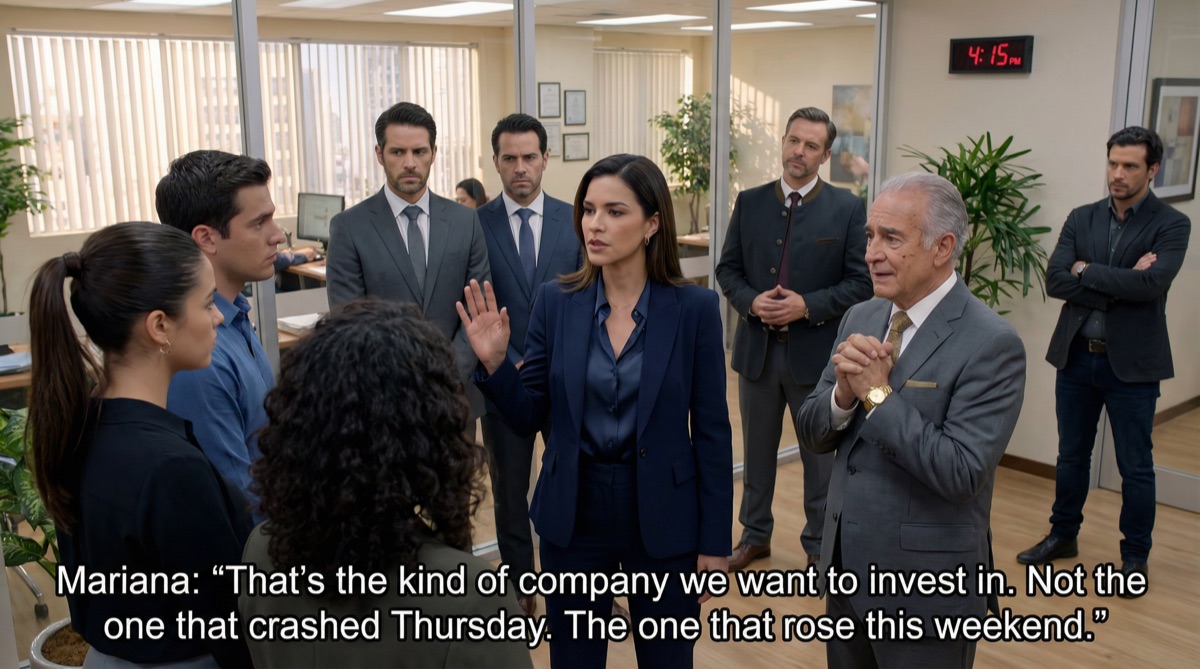 Mariana Ríos stands before the FinPulso team, delivering the verdict. Behind her, the São Paulo partners watch. Camila stands with the developers, part of the team now. Don Hernando waits, hands clasped. The moment of truth.