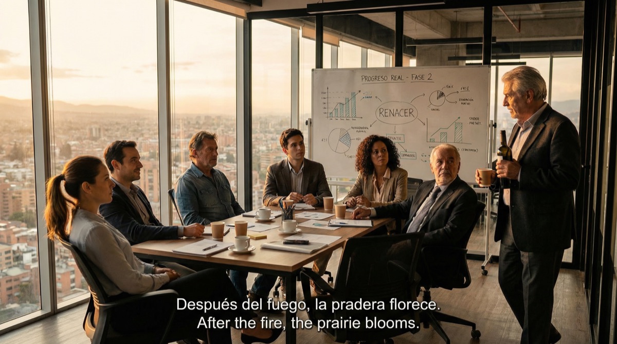 The FinPulso team sits together in the conference room, exhausted but hopeful. For the first time, they look like a team. The whiteboards behind them show not just plans, but progress. The sun sets over Bogotá outside the windows.