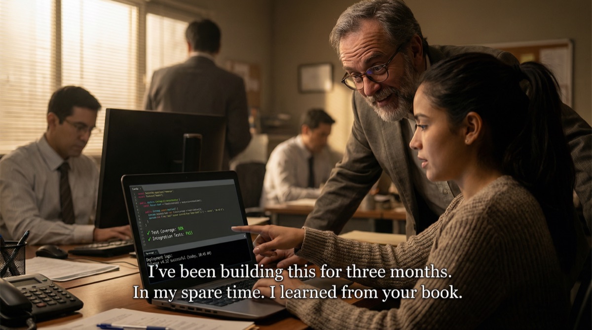 Camila shows Stefan her laptop screen. Project Fénix is open — a clean codebase with green test indicators and daily deployment logs. Stefan's expression shifts from curiosity to recognition. He's looking at the solution.