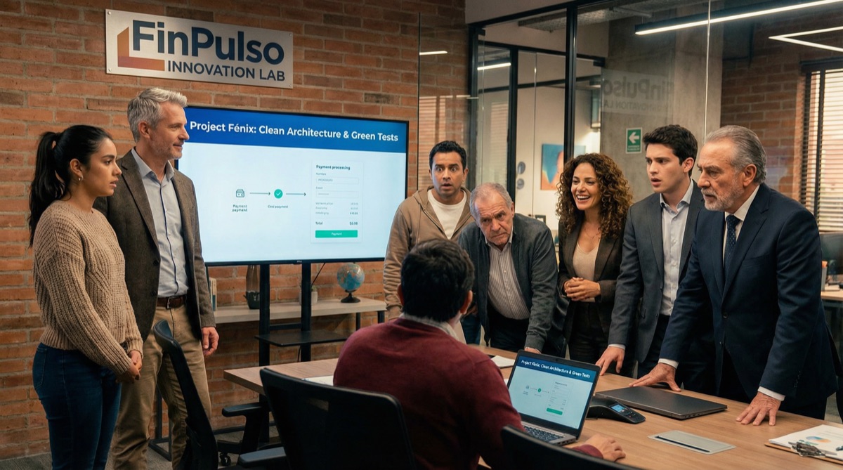Diego, Pipe, Sebastián, and Stefan crowd around Camila's desk, staring at her screen. The green test indicators glow like small victories. Camila stands among senior developers, finally being seen.