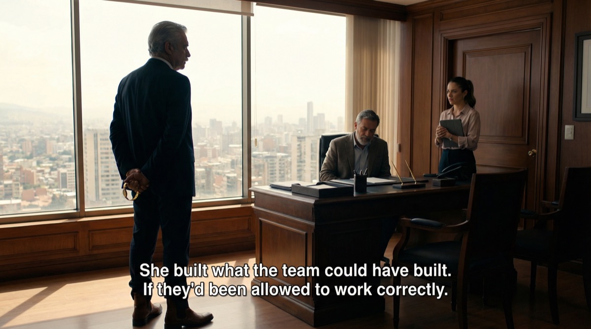 Don Hernando stands at his office window, silhouetted against the Bogotá skyline. Stefan sits across from his desk. The old rancher is processing a truth he never expected: salvation came from the person he noticed least.