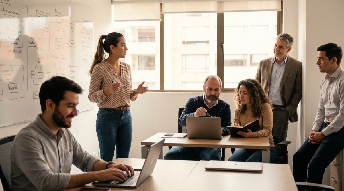The FinPulso team works together for the first time in months. Camila leads from the whiteboard. Diego codes with renewed energy. Pipe offers unexpected expertise. Stefan observes, a small smile on his face. This is what collaboration looks like.