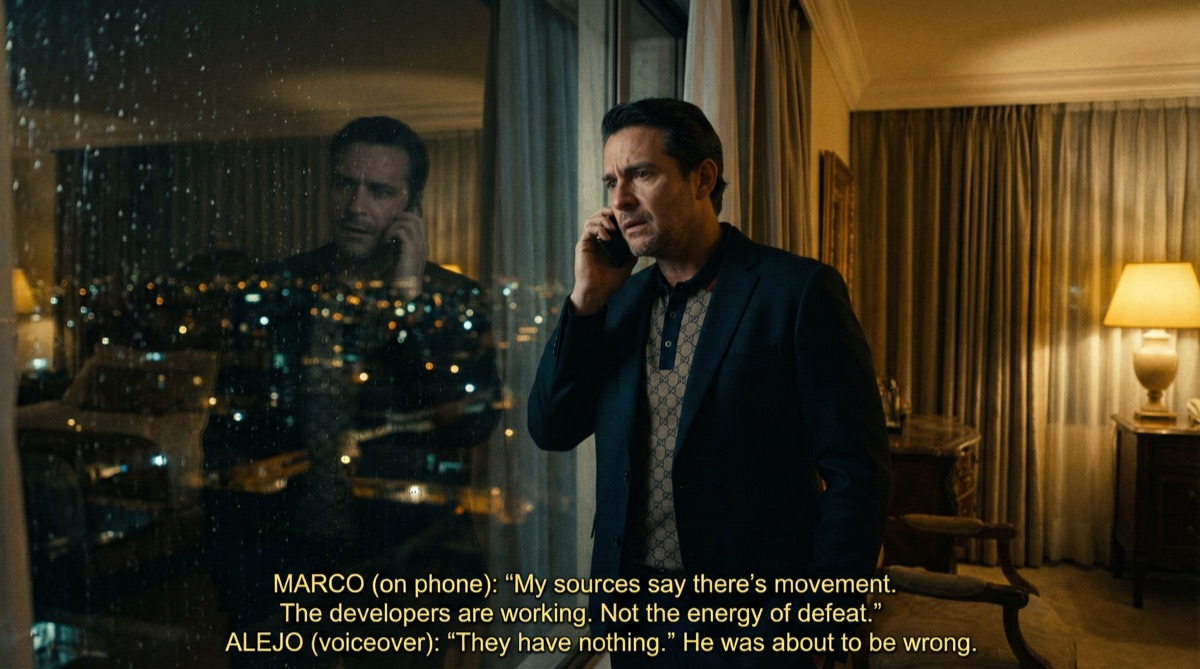 Alejo stands in his hotel room, phone pressed to his ear, city lights visible through the window behind him. His confident smile has faded. Something unexpected is happening, and he doesn't know what.