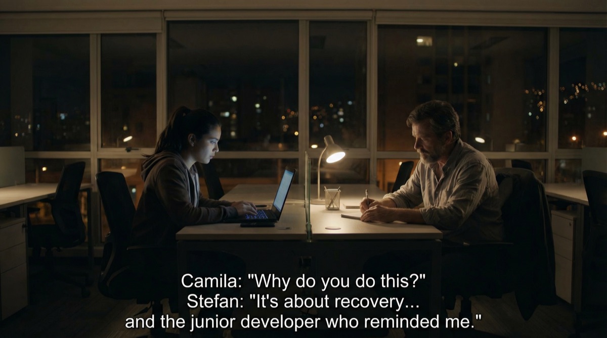 Camila and Stefan sit in the quiet office, the glow of monitors their only light. Two people who build things, sharing a moment of reflection before the storm. The city sleeps outside the windows.