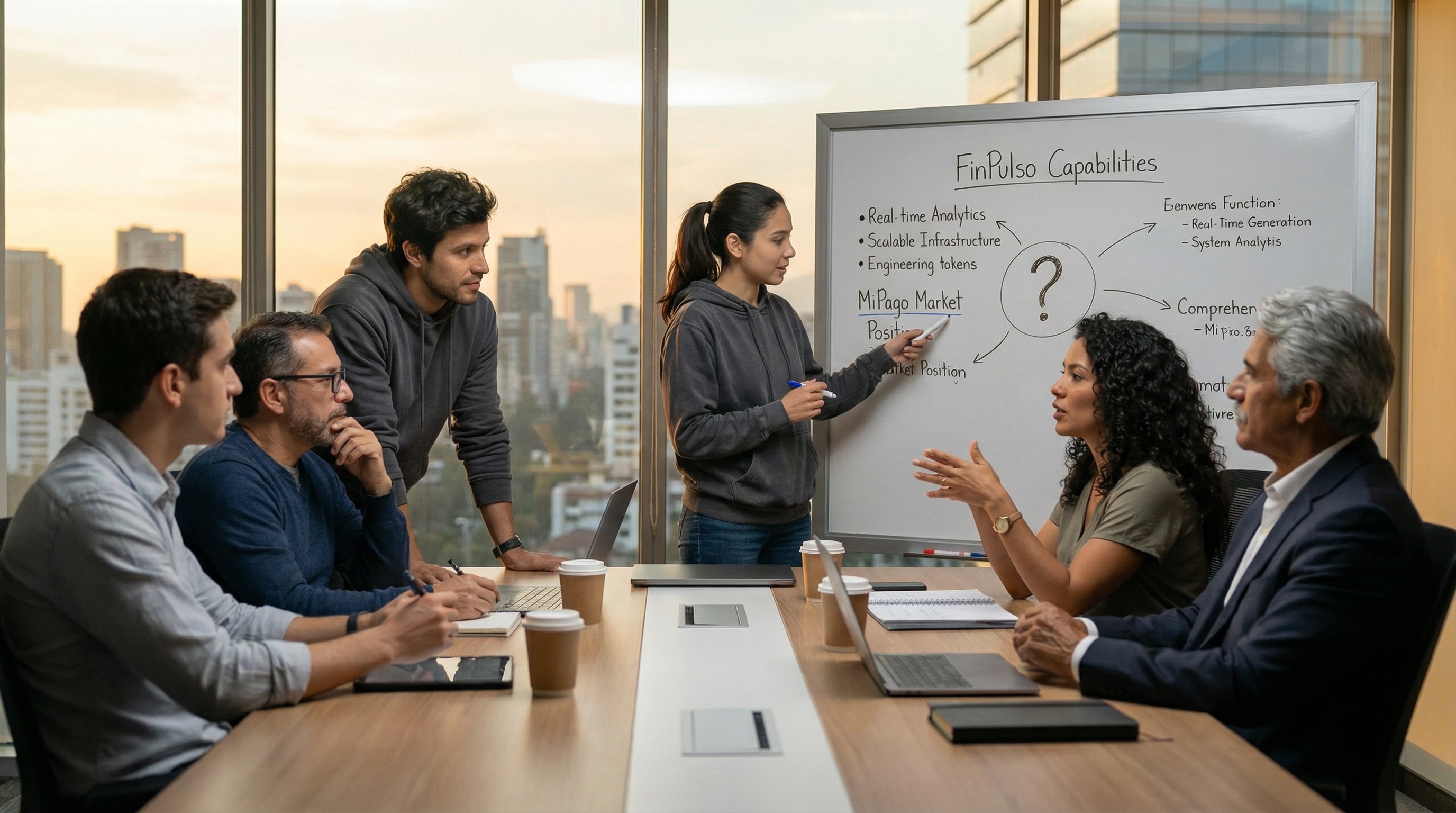 The conference room, evening. Camila at the whiteboard, the team gathered around. This isn't a war room anymore — it's a strategy session. The tone has changed from survival to growth.