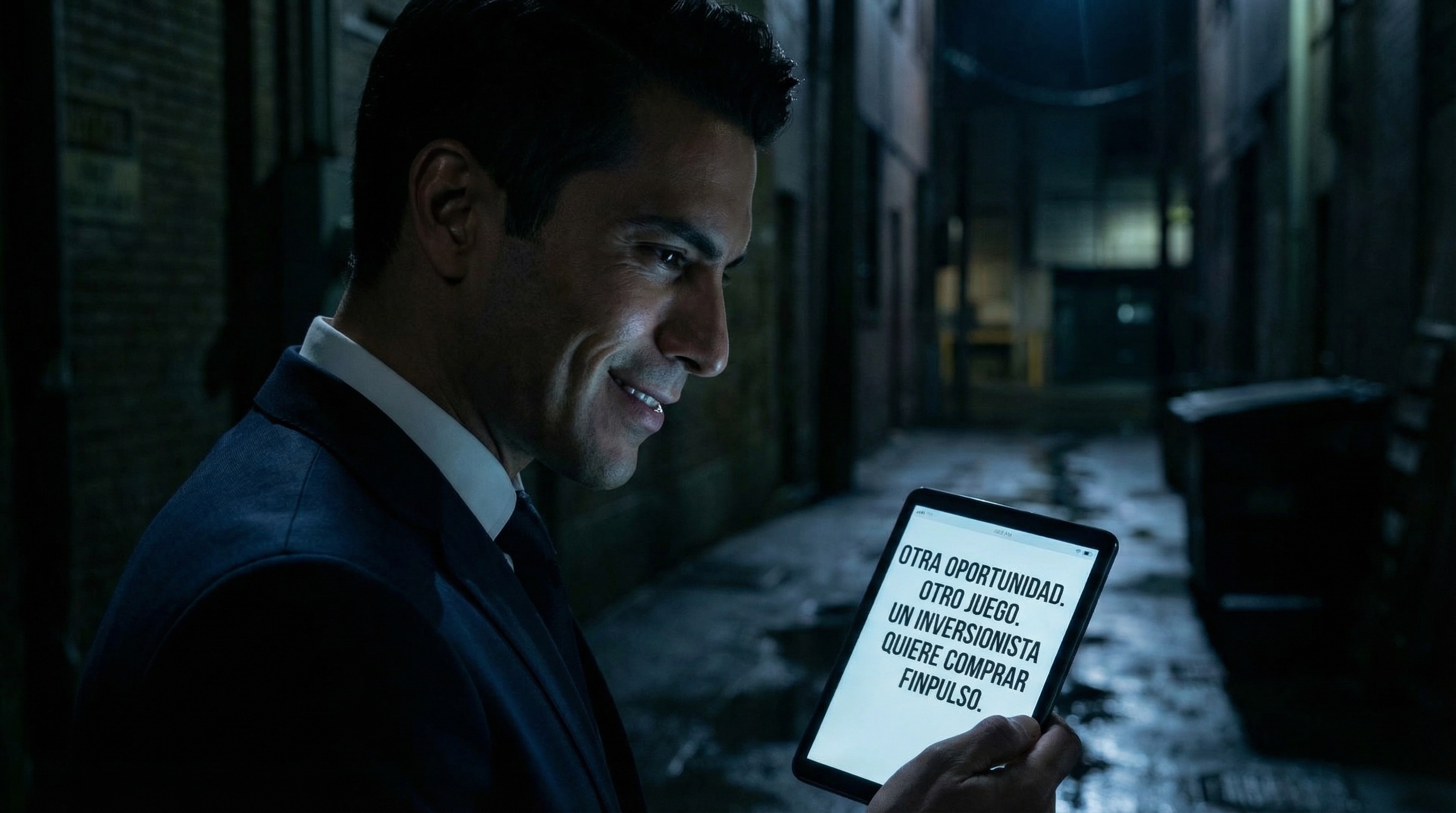 Alejo in darkness, his face lit by his phone screen. The message promises another chance. Another game. The smile that returns to his face is not the smile of a man who has learned his lesson.