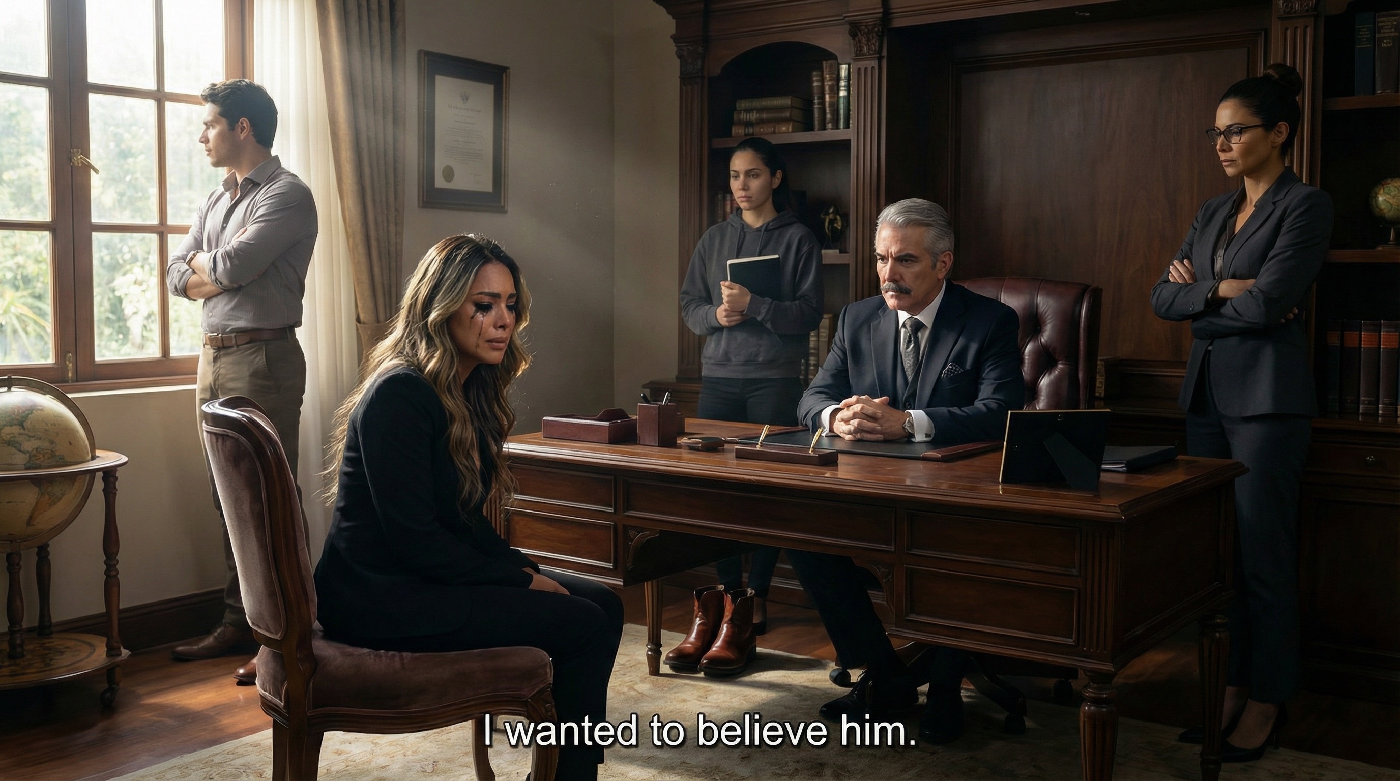 Don Hernando's office. Luciana sits across from him, mascara streaked, the facade finally cracked. Diego stands by the window. Camila watches from the corner, her notebook closed for once.