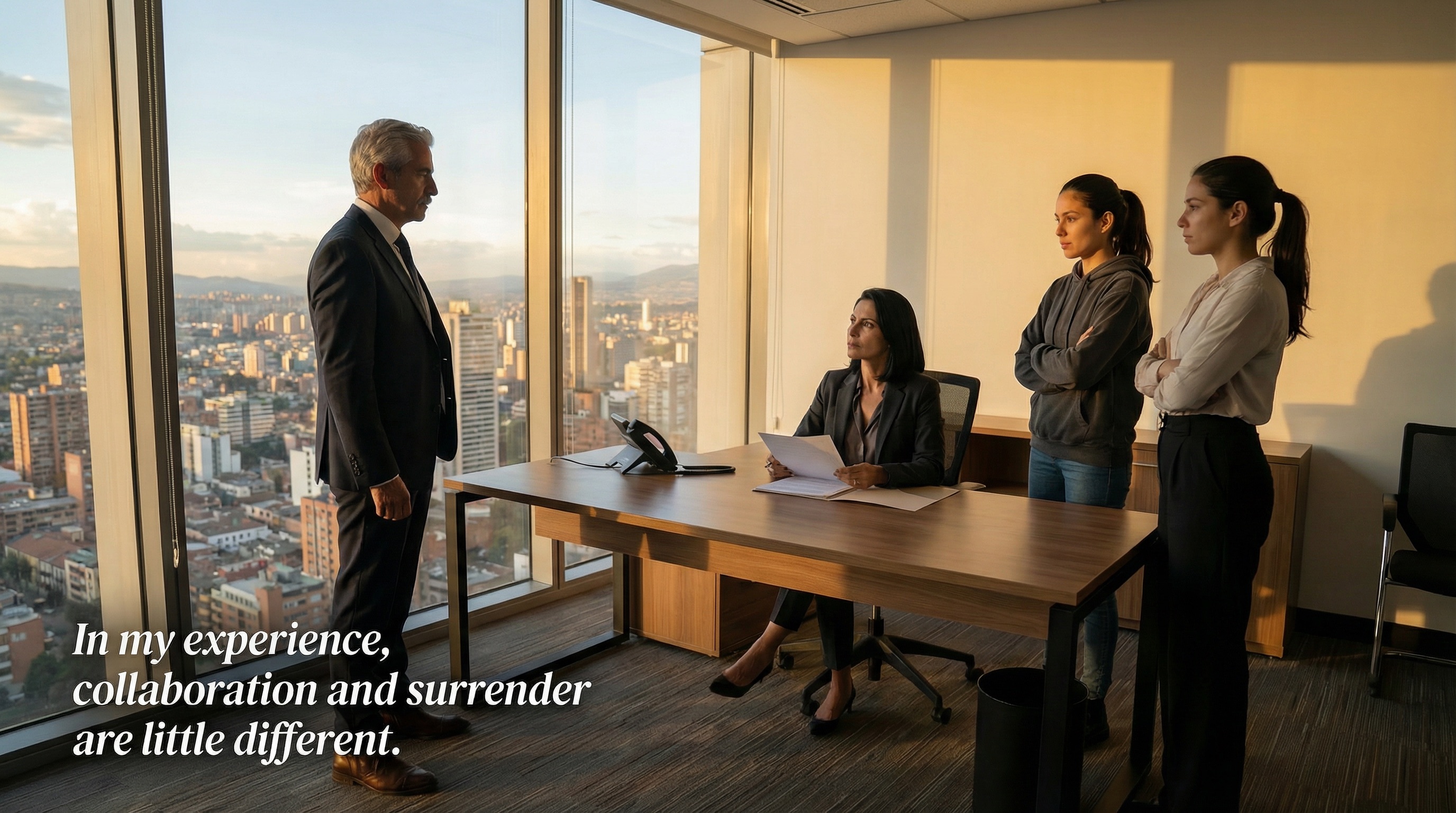 A coffee shop in Chapinero. Elena Vargas, CTO of MiPago, sits across from Camila and Diego. Laptops open, coffee untouched. Two competitors discovering they might have more in common than they thought.