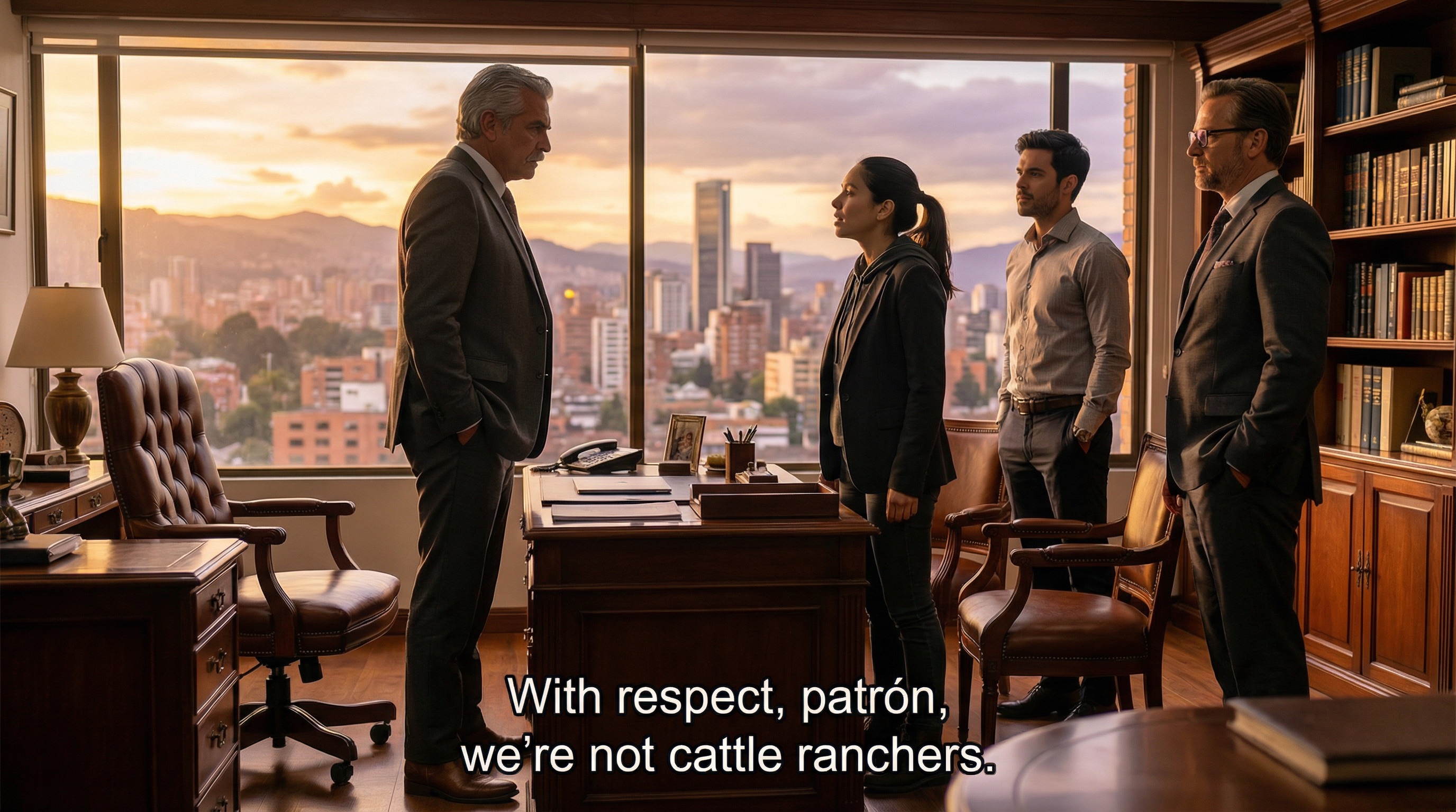 Don Hernando's office, evening light. He stands at the window, silhouetted against the Bogotá skyline. Camila and Diego wait. The old rancher is weighing options that could define FinPulso's future.