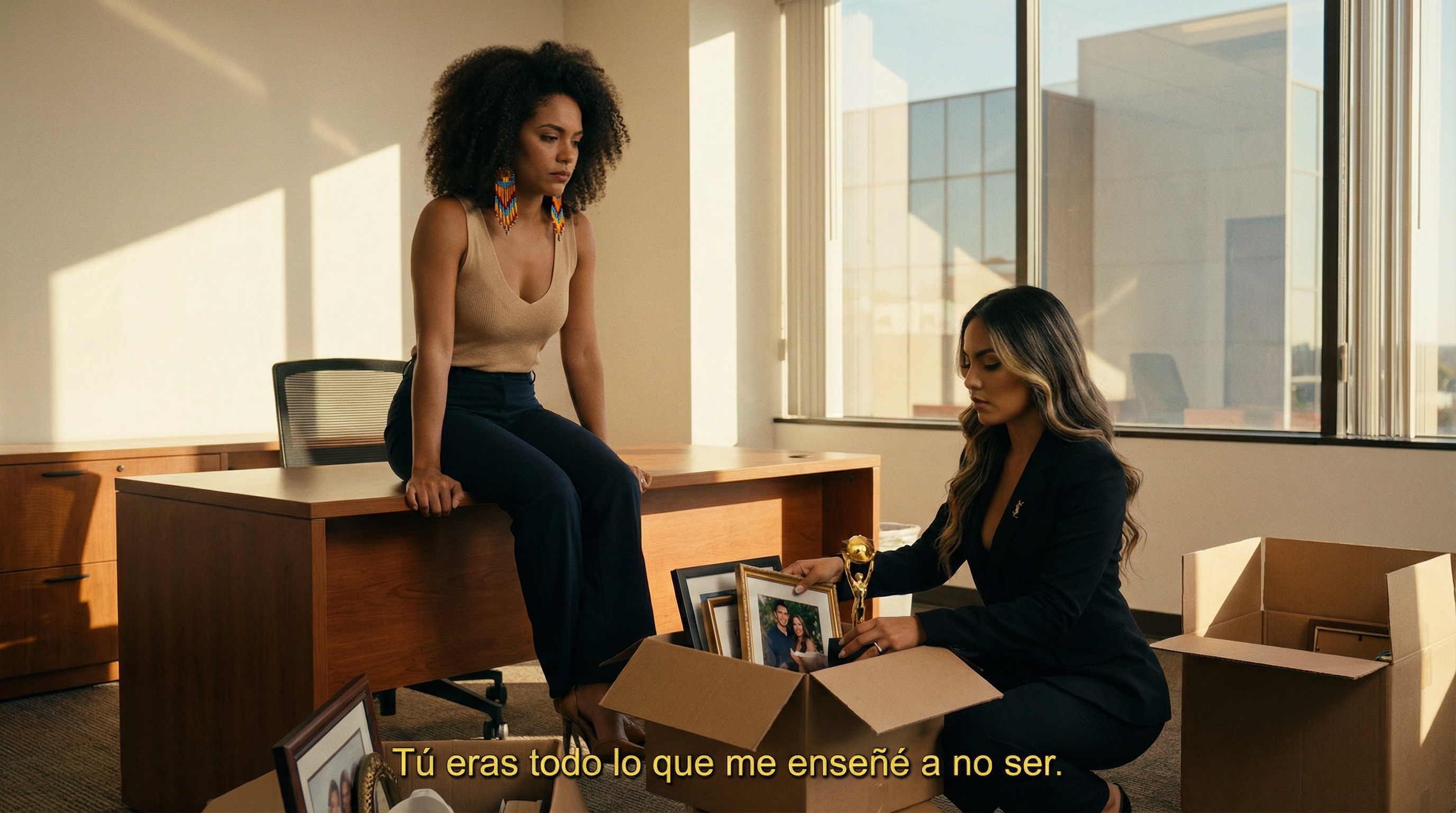 Isabella and Luciana in the empty marketing office. Boxes half-packed. Two women who never understood each other, finding unexpected common ground in failure.