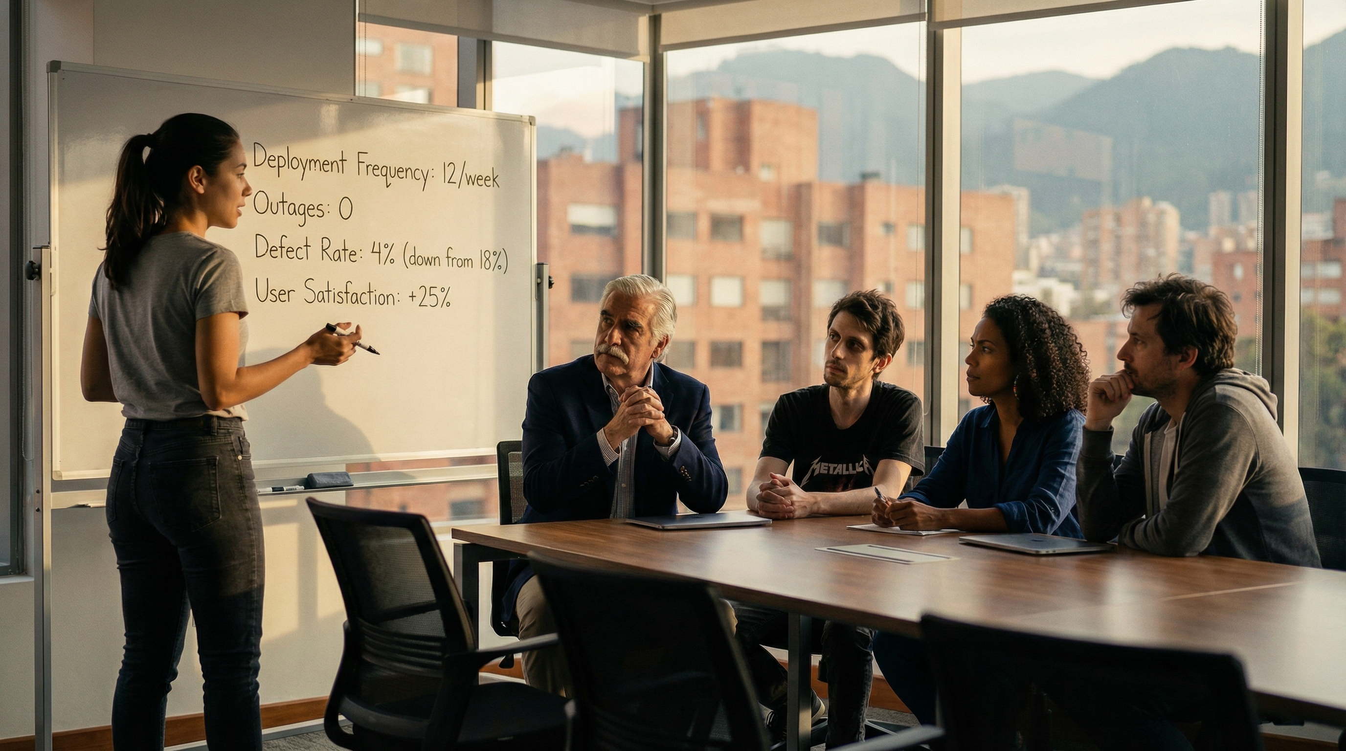 The FinPulso team gathered in the conference room, Camila at the whiteboard writing metrics like 'Defect Rate: 4% (down from 18%)'. Expressions show pride and relief.