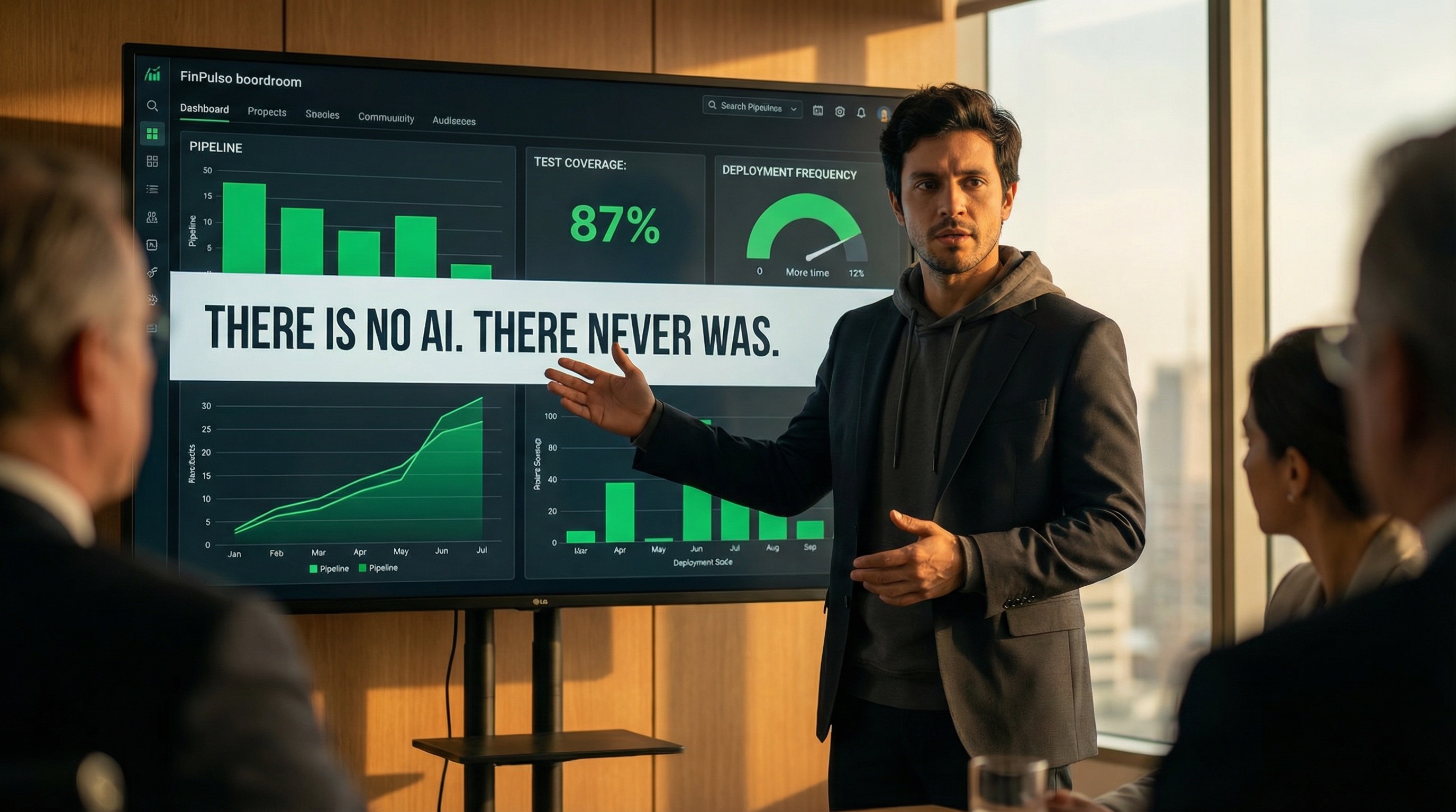 The dashboard on the big screen shows the real numbers — not impressive, but honest. Sebastián stands in front of it, finally telling the truth he should have told months ago.