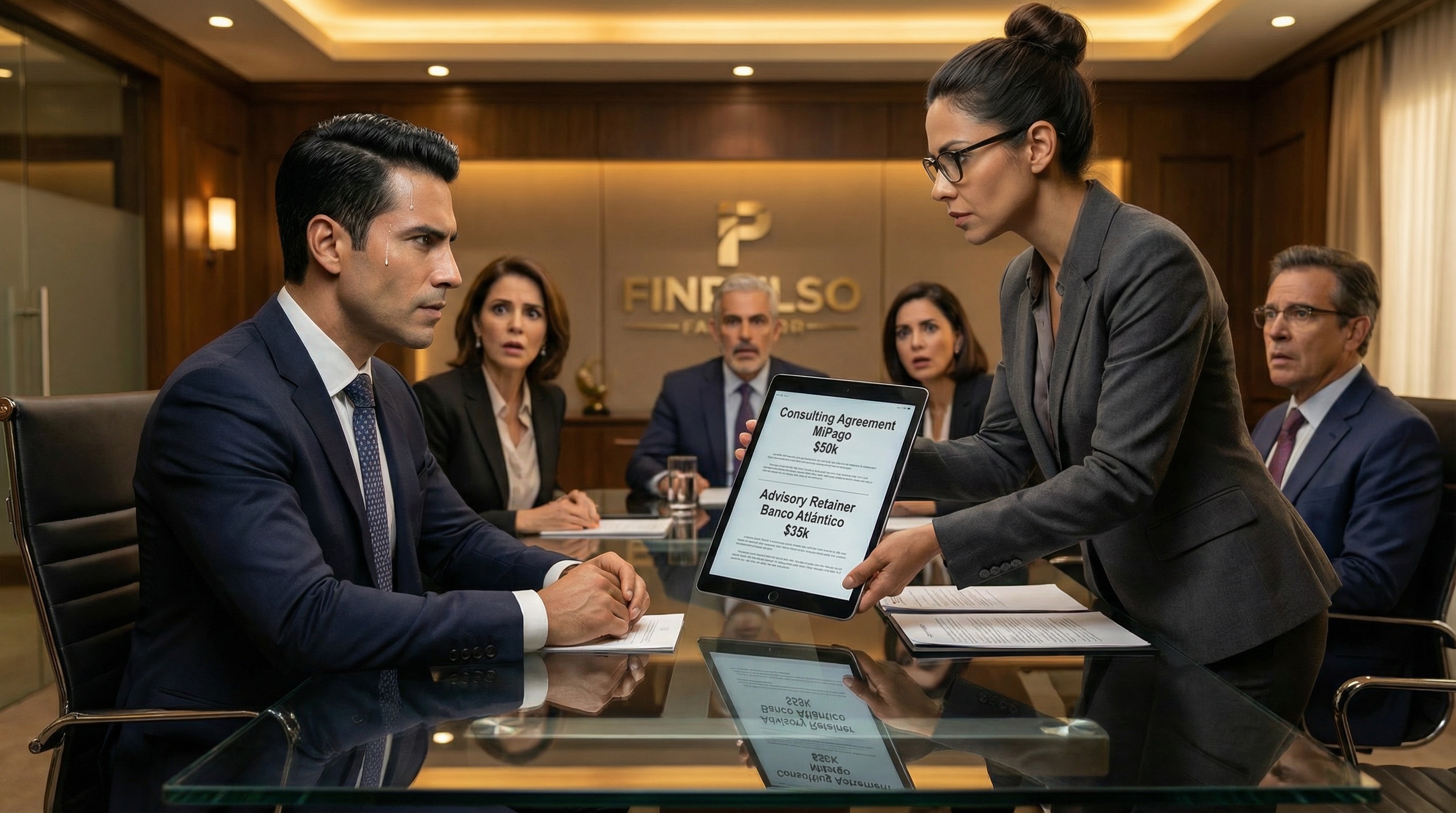 Laura's tablet screen shows the hidden contracts, reflected in the glass table. Alejo's perfect composure is cracking. Everyone sees it now — the betrayal was never about passion or mistakes. It was business.