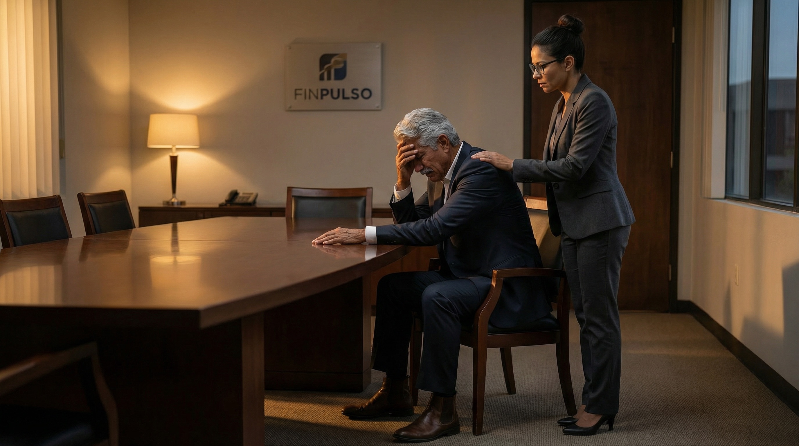 Don Hernando sits motionless, weathered hands flat on the table. The truth about his son — the guilt he's carried for years — finally spoken aloud. The room waits for him to break. Instead, he breathes.