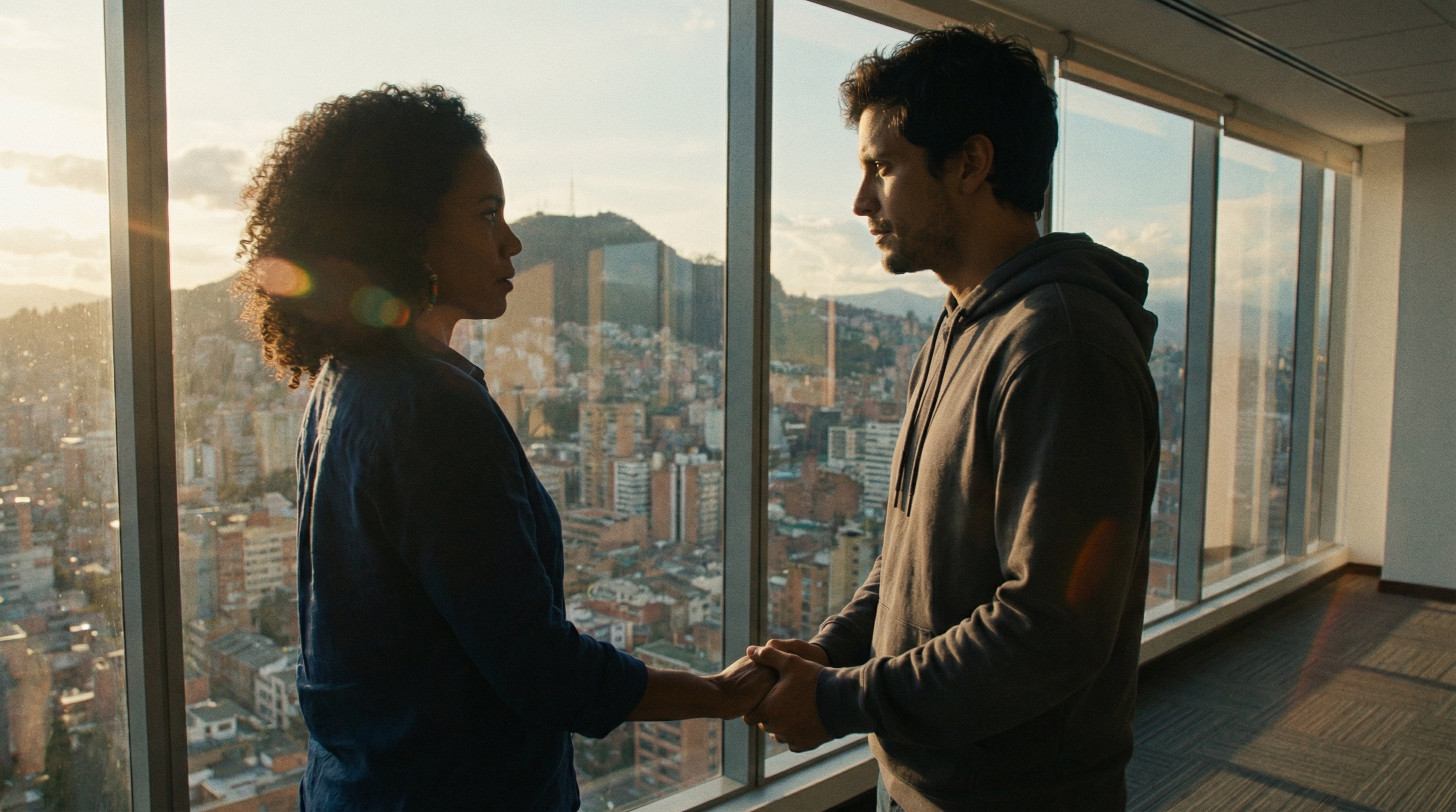 Sebastián and Isabella stand at the window, looking out over Bogotá. The city sprawls below them — chaotic, beautiful, unimpressed by their drama. They've survived today. Tomorrow is another question.