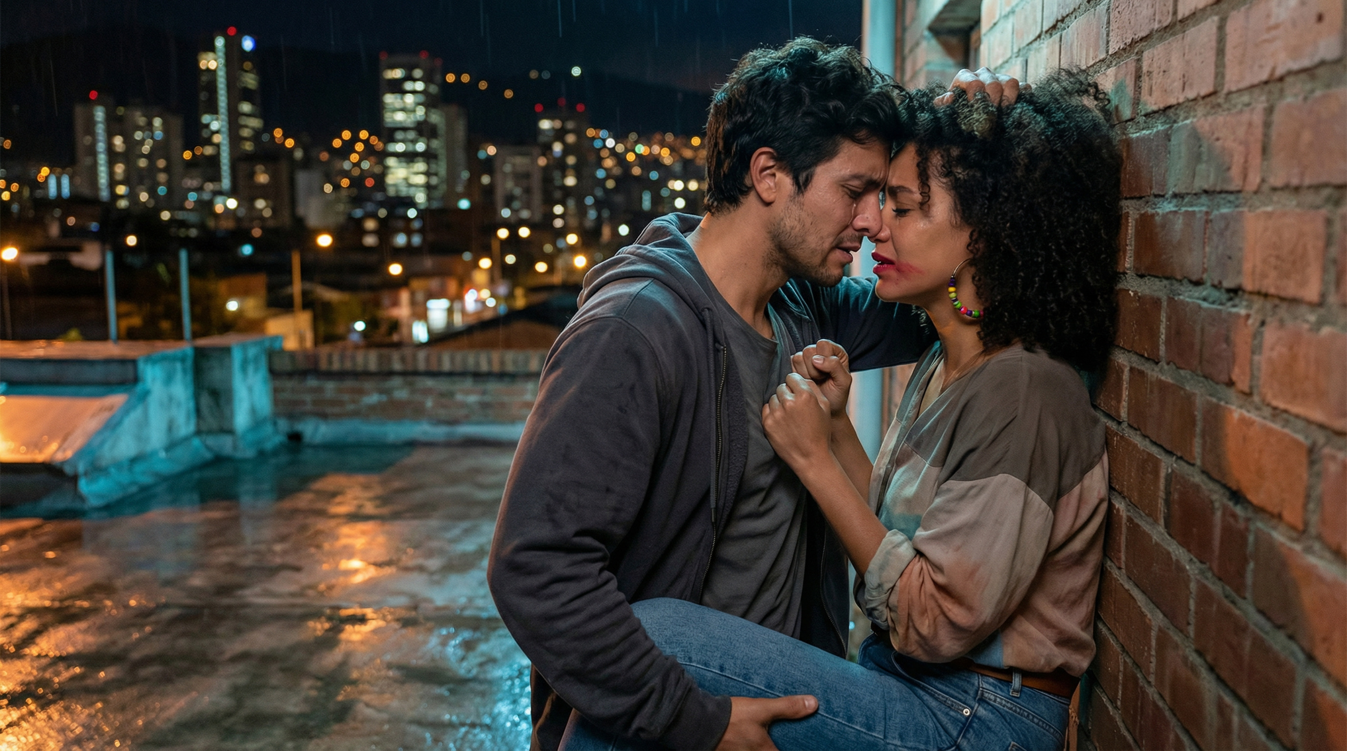 Rooftop at night. Bogotá's lights glow in the background. Isabella and Sebastián kiss desperately, his back pressed against the brick wall. Her hands tangle in his hair, his hands pull her close. Months of tension finally breaking. Lipstick smeared, shirts rumpled, neither caring.