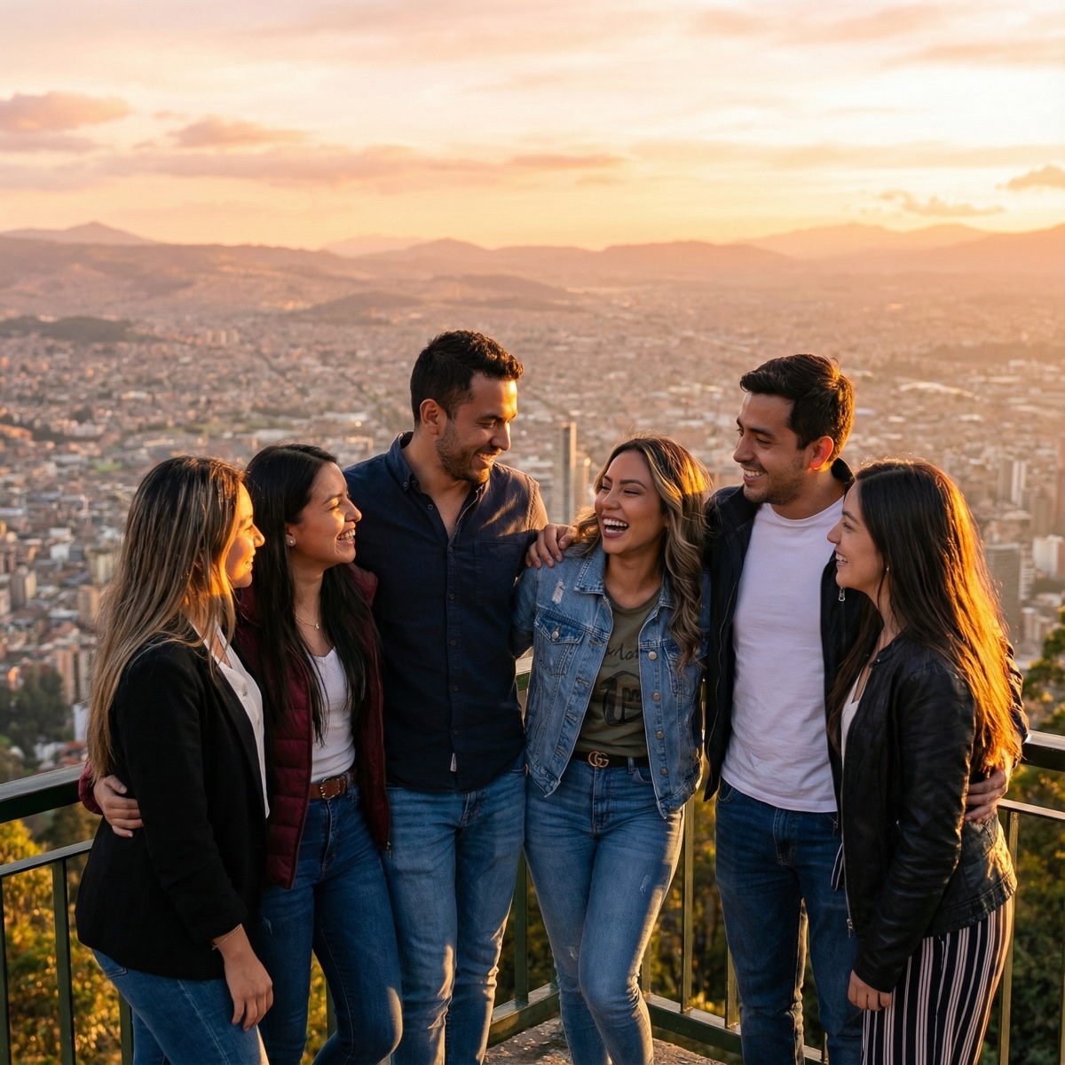 Luciana Ortiz con amigos sobre Medellin al atardecer