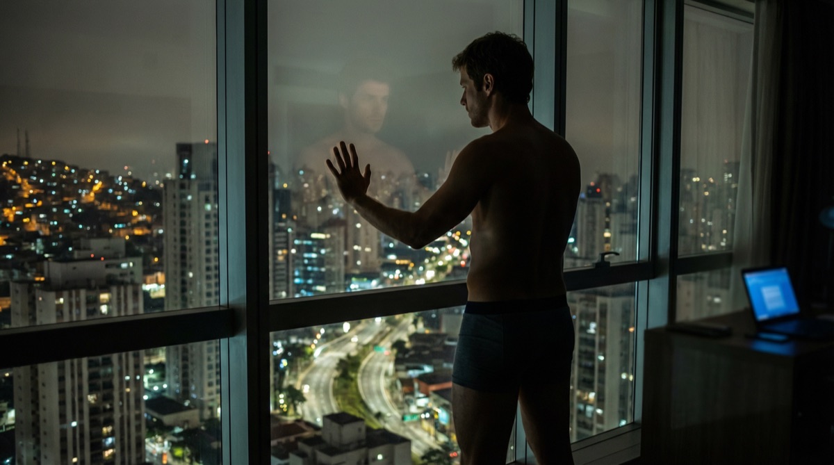 Stefan Richter está junto a la ventana de su hotel en São Paulo y observa la ciudad extendida de torres de cristal y caos tropical; su reflejo flota en la noche.