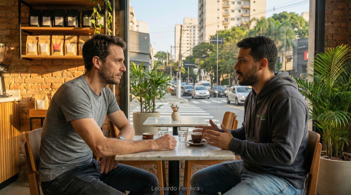 Leonardo Ferreira se sienta frente a Stefan en una mesa pequeña de café, con tazas entre ambos y la luz de la mañana sobre el tráfico de São Paulo.