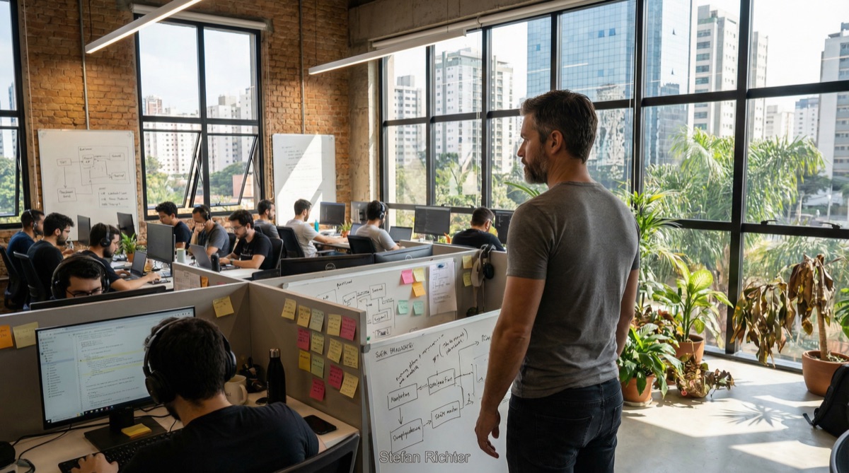 La planta abierta de AutoConnect se extiende ante Stefan: desarrolladores inclinados sobre teclados, pizarras con diagramas frustrados y plantas tropicales junto a ventanas hacia São Paulo.
