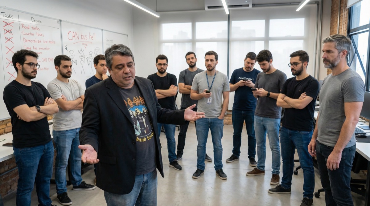 El equipo de navegación está en un círculo reacio durante su reunión diaria, con brazos cruzados, caras agotadas y pizarras llenas de bloqueos detrás.