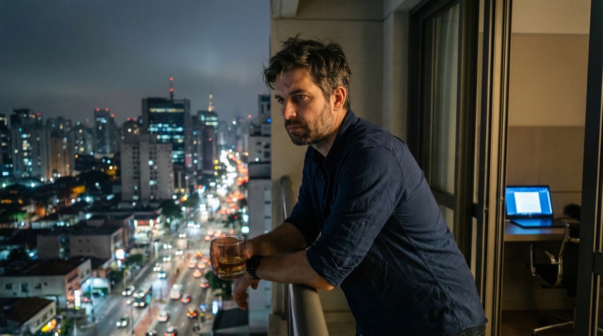 Stefan está de noche en el balcón de su hotel, con las luces de São Paulo hasta el horizonte, un whisky en la mano y sombras en los ojos.