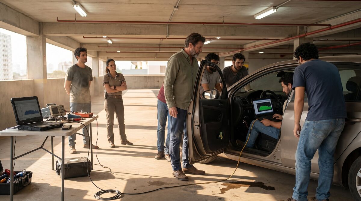 Stefan y los desarrolladores de radio prueban en un prototipo su corrección funcional del control de volumen mientras Adriana observa.