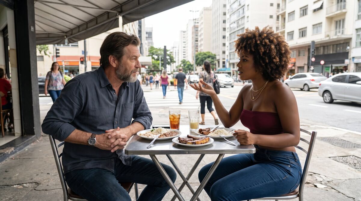 Júlia se inclina sobre una mesa metálica para explicar el fallo del climatizador mientras Stefan escucha durante el almuerzo cerca de la Avenida Paulista.