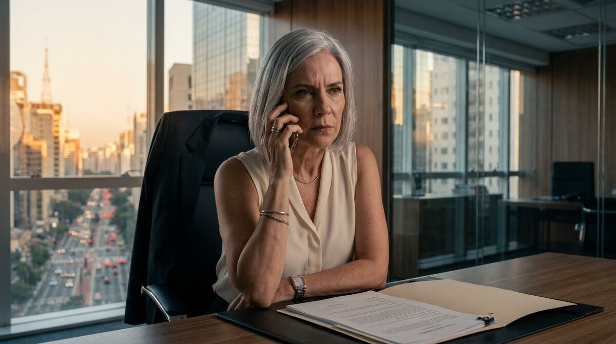 Helena sostiene el teléfono junto a una carpeta de contratos abierta y contiene la ira mientras el atardecer de São Paulo llena las ventanas.