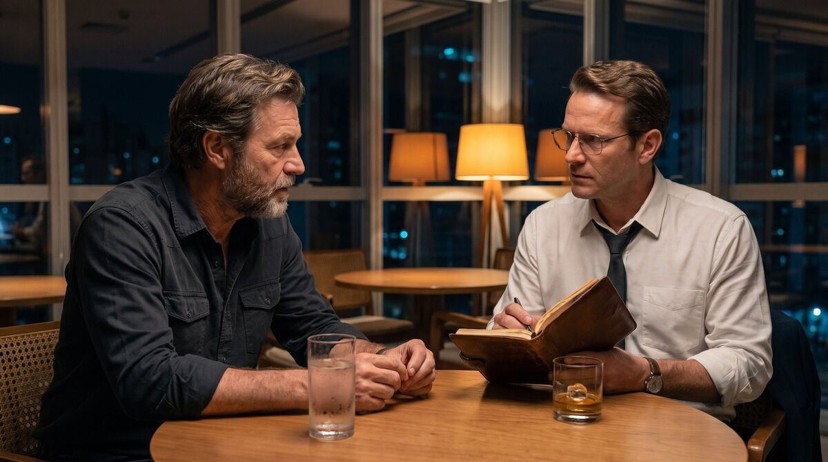 Stefan y Klaus afrontan la distancia entre el progreso técnico y la realidad financiera en un bar de hotel de São Paulo a altas horas de la noche.