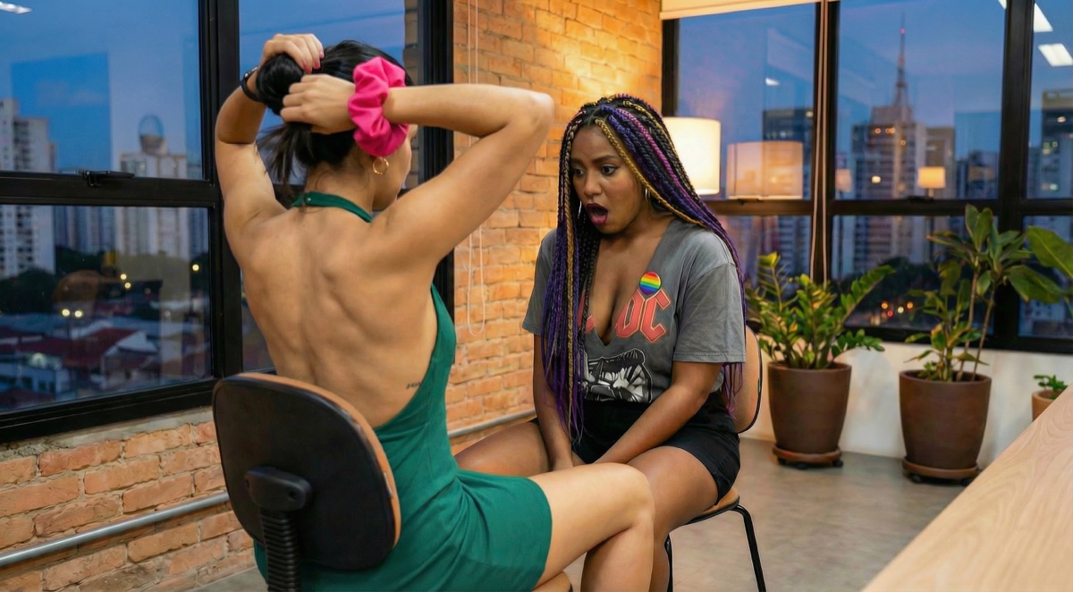 Natalia se recoge el cabello mientras Dandara reacciona en una sala de reuniones de AutoConnect.